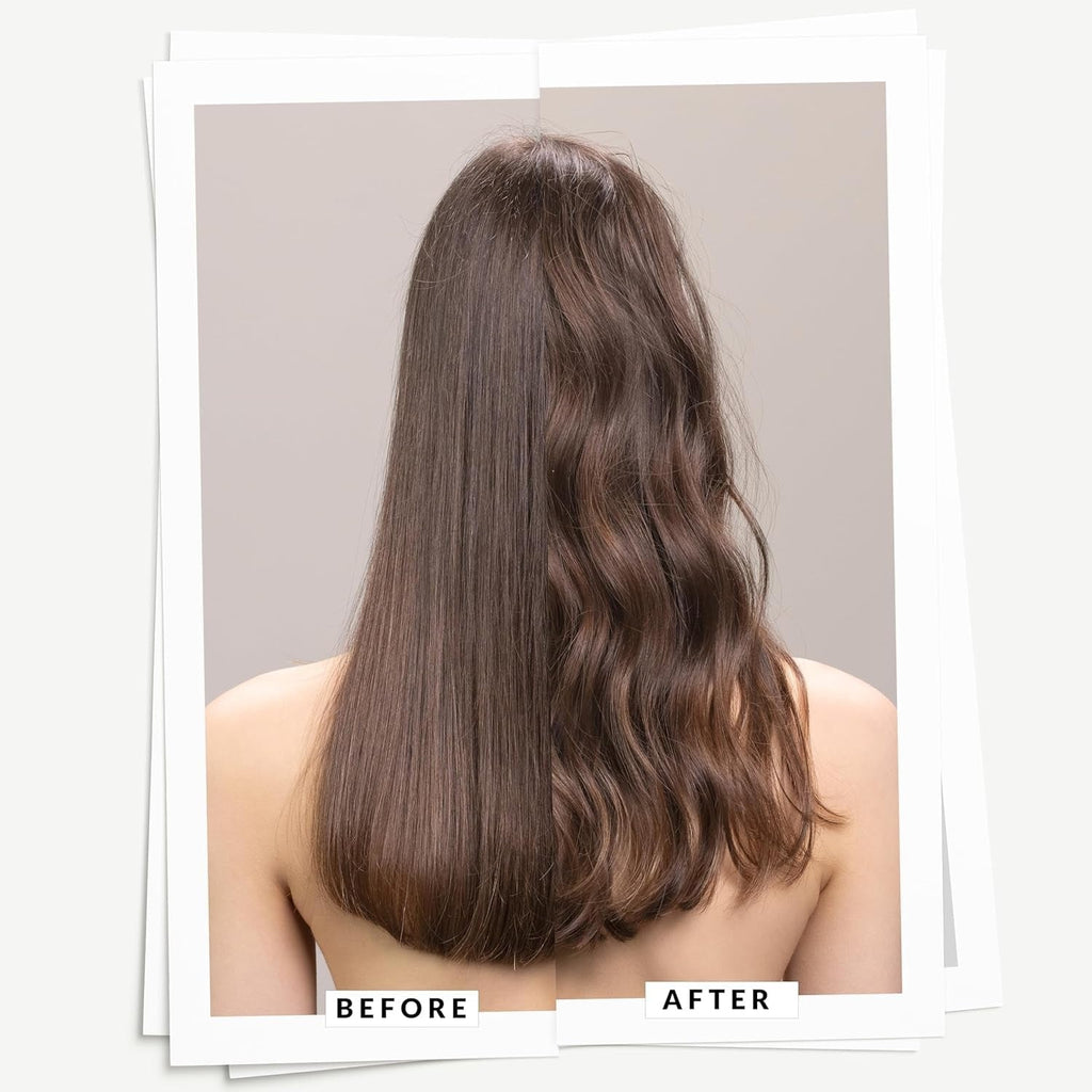 Dry texturizing finishing spray effect on dark wavy hair, back view shown