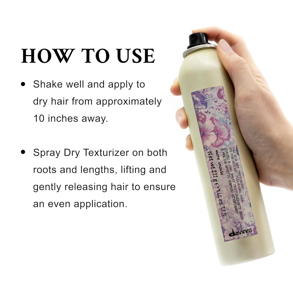 Dry texturizing finishing spray bottle held upright with how-to instructions panel