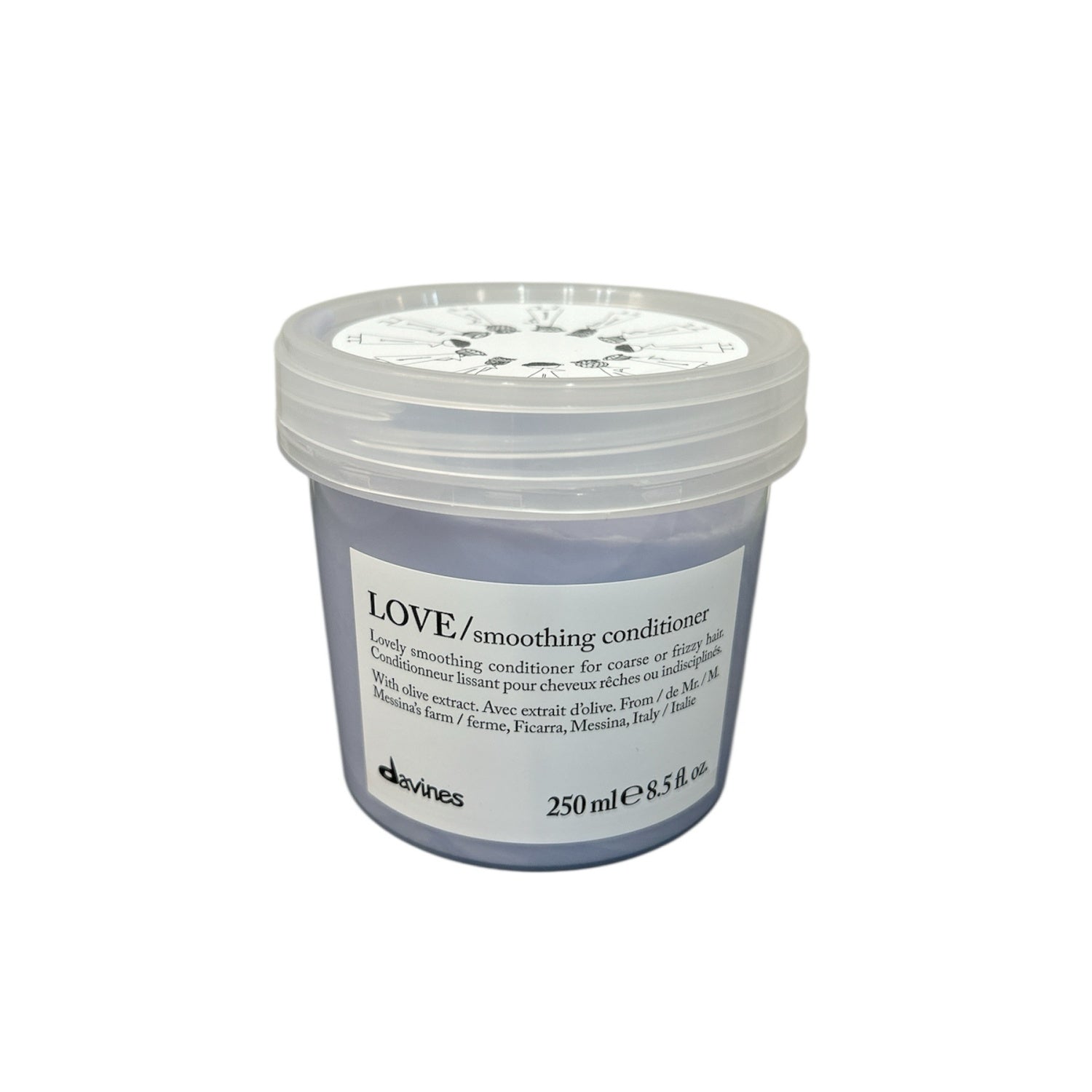 Davines LOVE smoothing conditioner jar, 250 mL, clear lid and lavender label