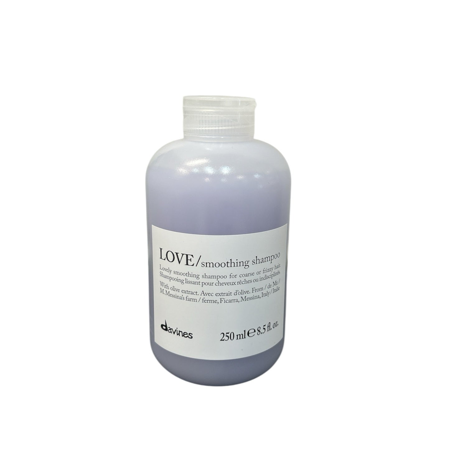 Davines LOVE smoothing shampoo bottle, 250 mL, grey with white label