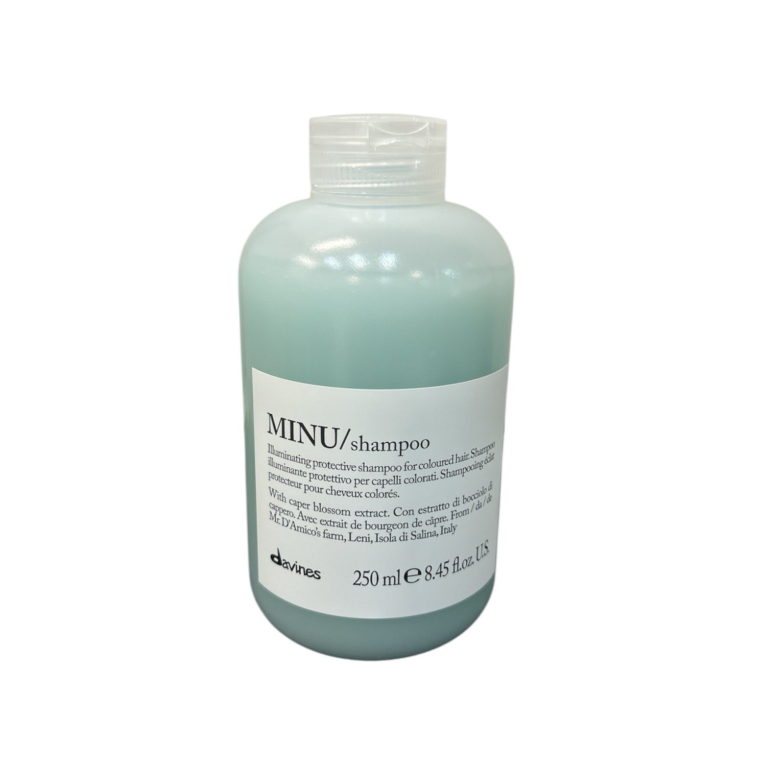MINU shampoo bottle, 250 mL, teal liquid, white label with Davines logo