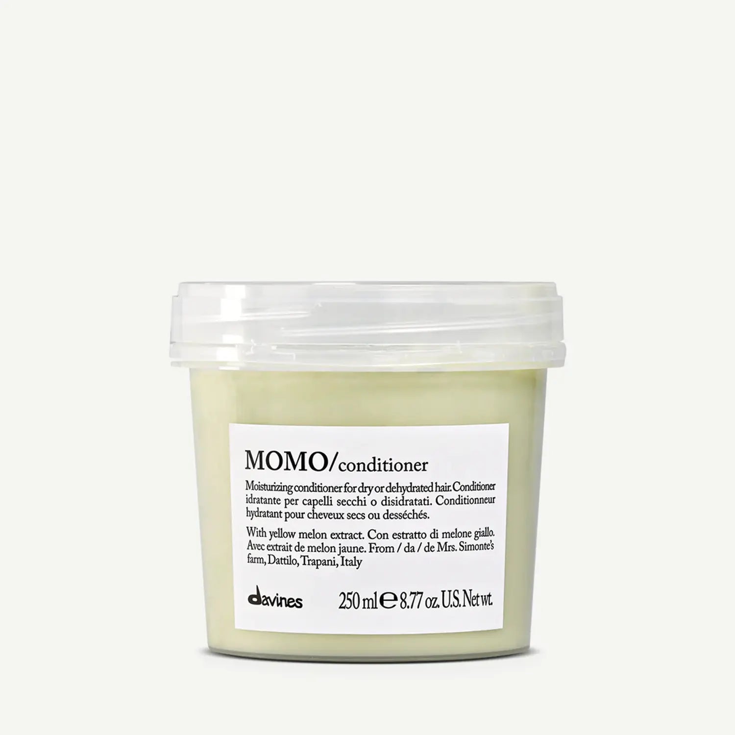 Davines MOMO conditioner in clear plastic jar, 250 mL label on front