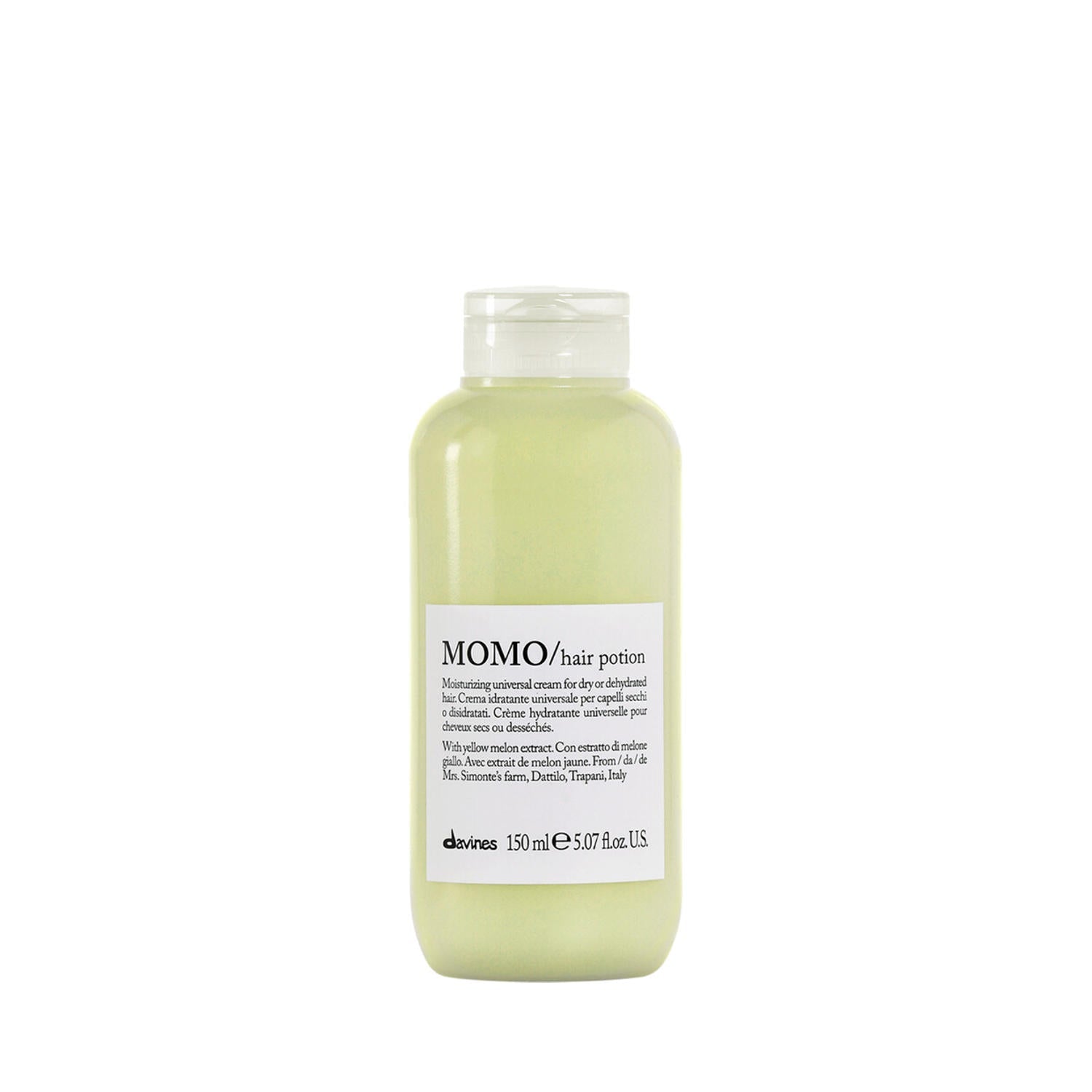 Davines MOMO leave-in spray bottle, 150 mL, translucent light green liquid