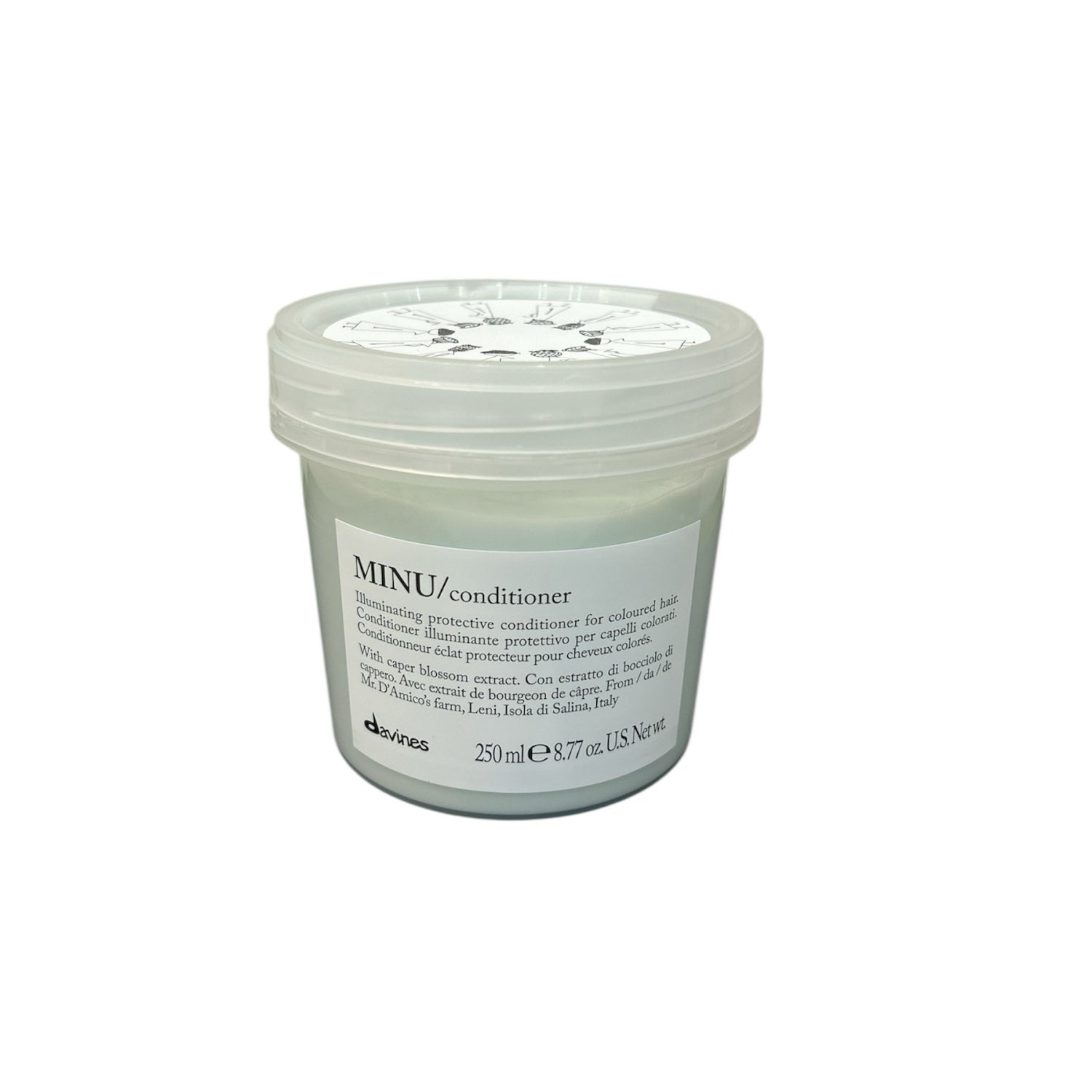 Davines Minu conditioner tub, 250 mL, white label and clear lid