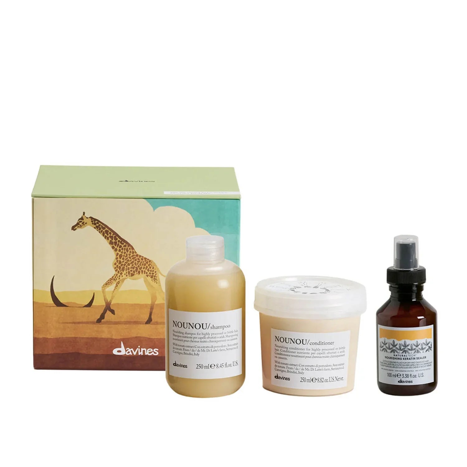 Davines NOUNOU hair care holiday set with box, shampoo, conditioner jar, and oil drops