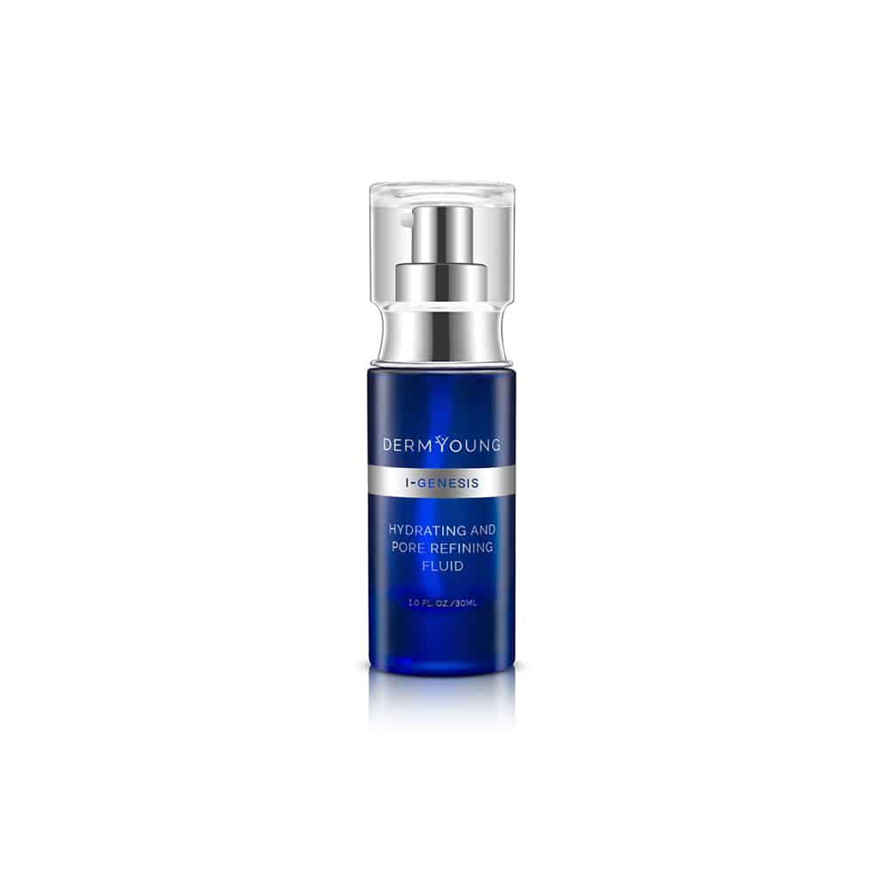 DermYoung I-GENESIS hydrating pore refining fluid bottle with silver pump, blue bottle