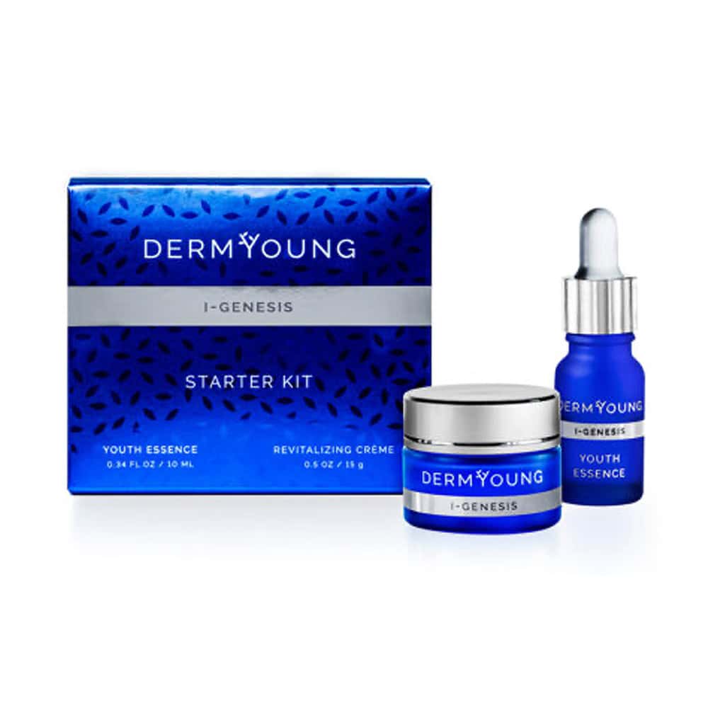 Skincare starter kit with youth essence bottle and cream jar, shown with product box