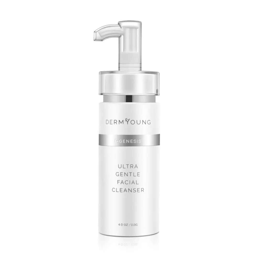 DermYoung facial cleanser bottle with pump, labeled Ultra Gentle Facial Cleanser
