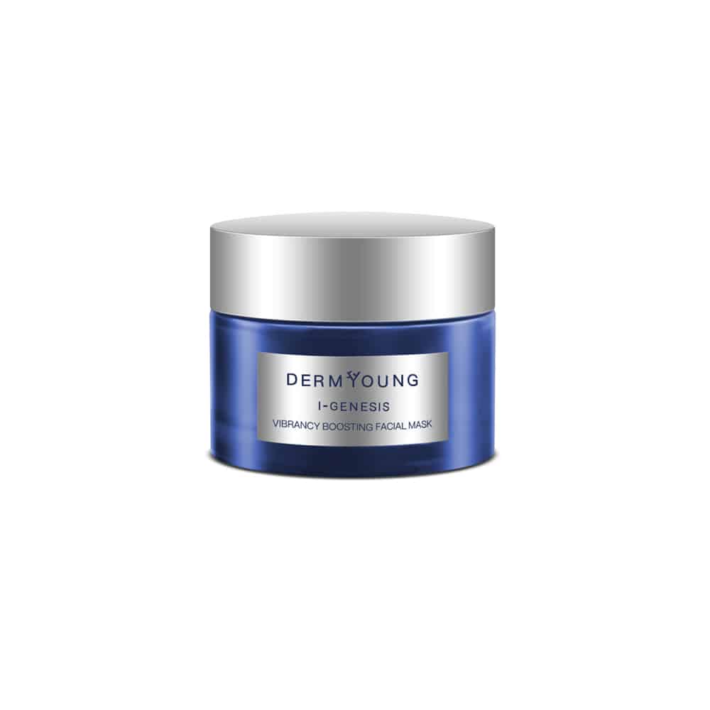 DermYoung face mask jar with blue body and silver flip-top lid
