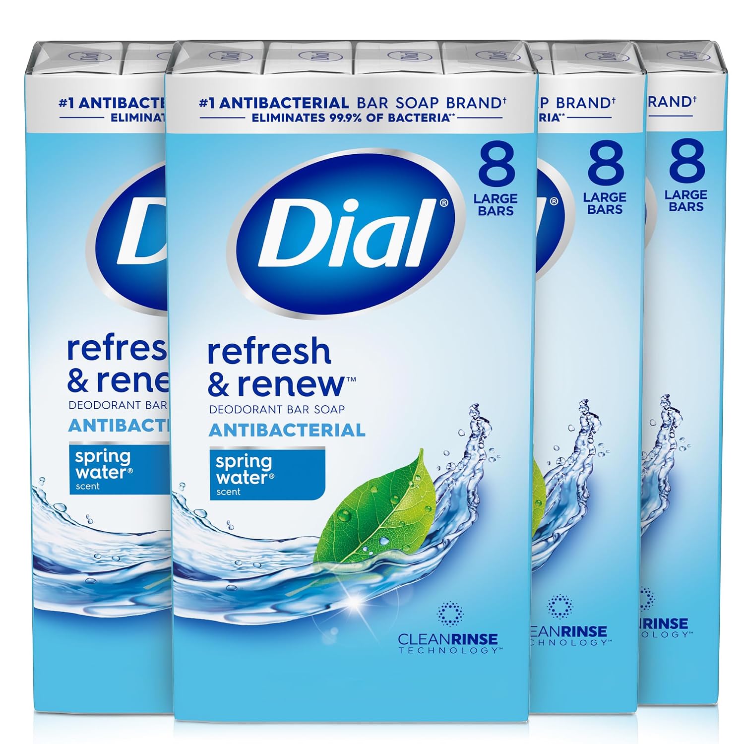 Dial Antibacterial Bar Soap, Spring Water, 4 Oz, 8 Bars