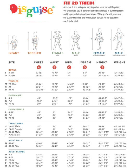 Disguise size chart page with fit guidance and adult male measurements