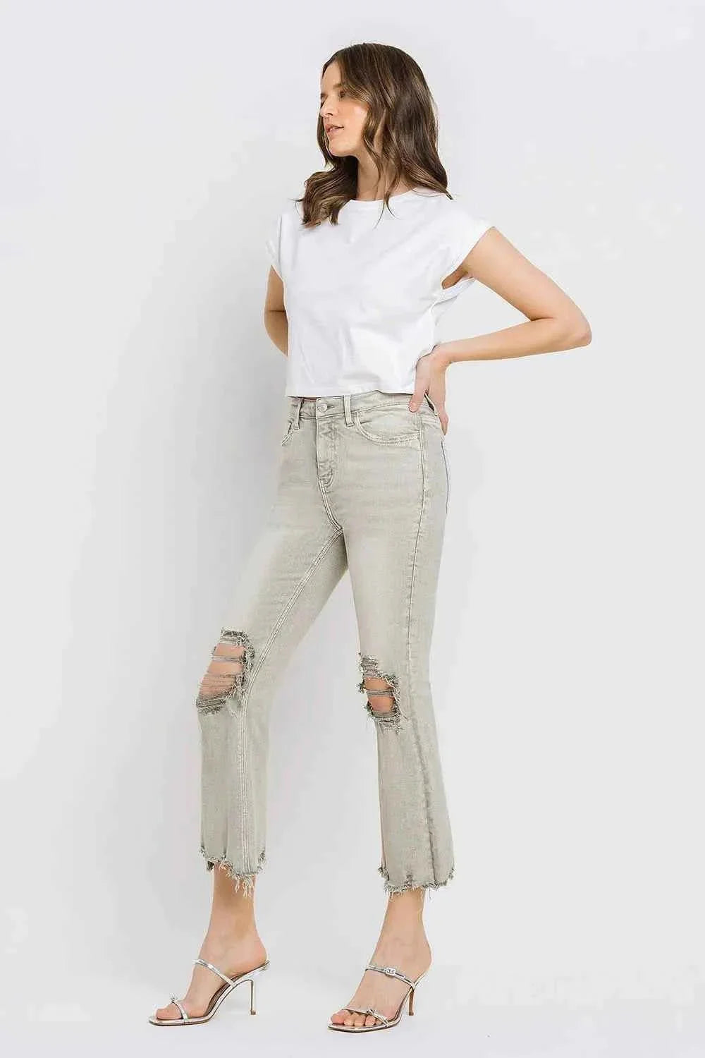 Distressed Raw Hem Cropped Flare Jeans
