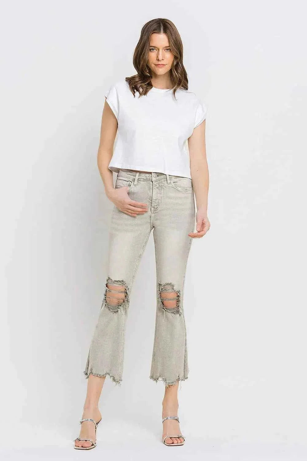 Distressed Raw Hem Cropped Flare Jeans