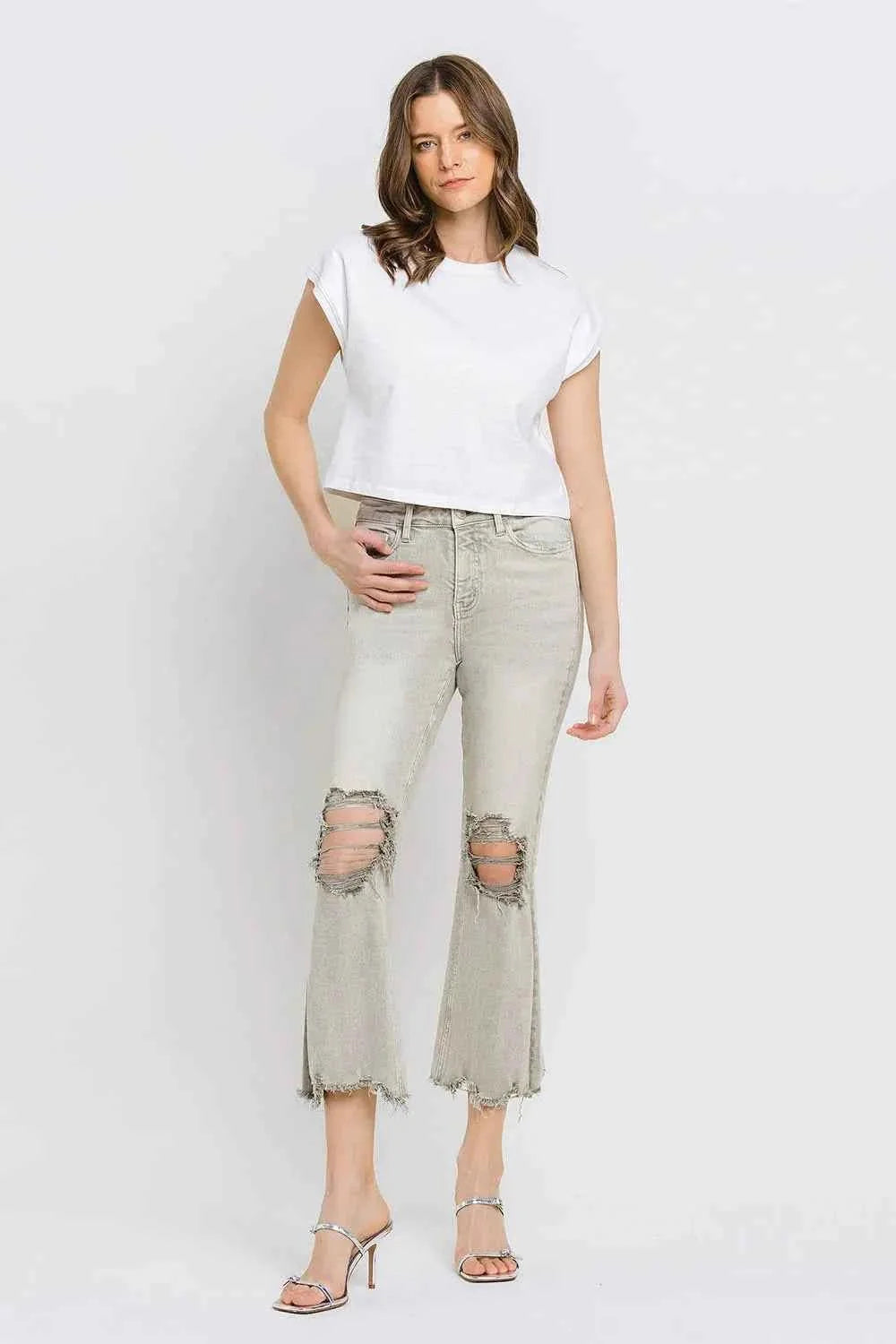 Distressed Raw Hem Cropped Flare Jeans