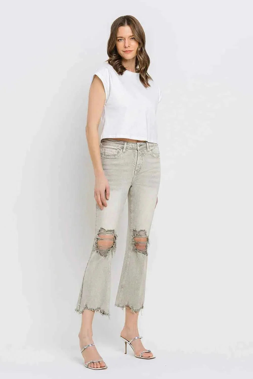 Distressed Raw Hem Cropped Flare Jeans