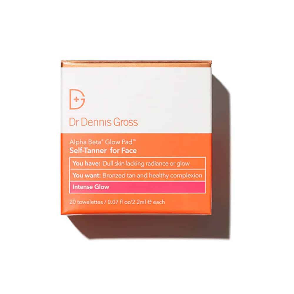 Dr. Dennis Gross Alpha Beta glow pad box, orange/white face self-tanner pads