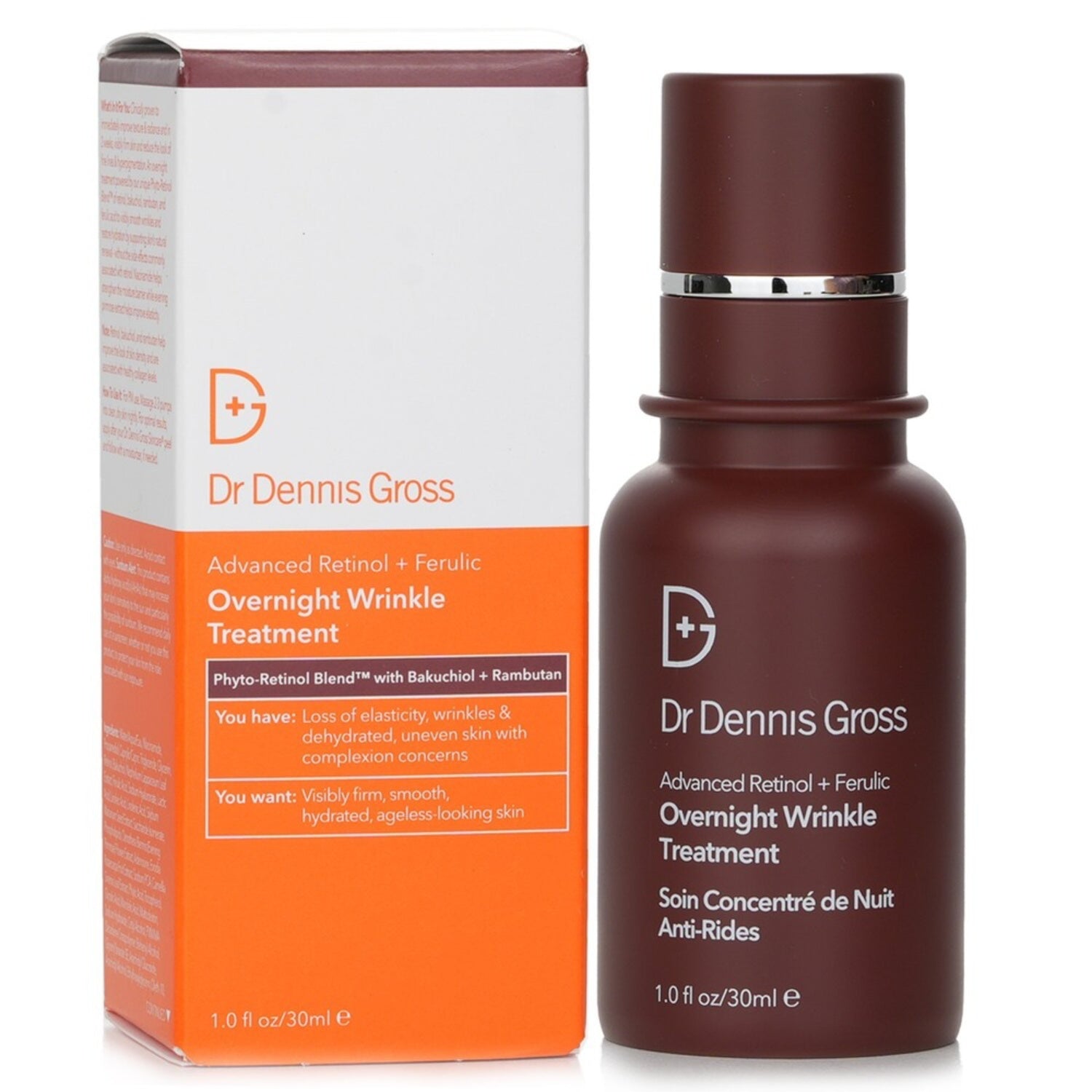 Dr. Dennis Gross overnight wrinkle treatment bottle with dark brown cap, 1.0 fl oz