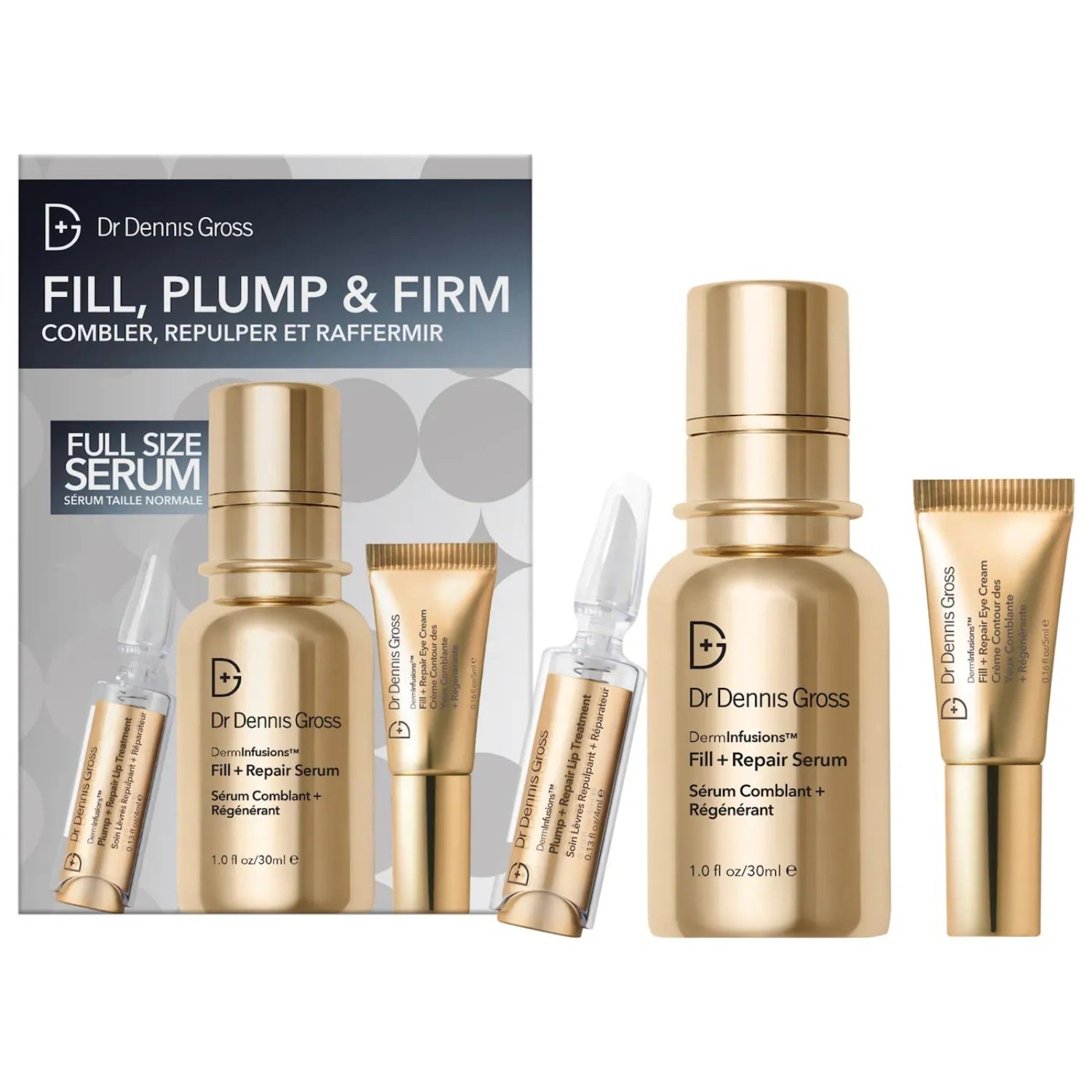 Skincare set with gold serum pump bottle and cream tube packaging