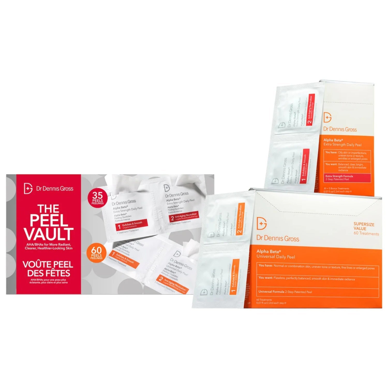 Dr. Dennis Gross peel vault skincare set with multiple treatment sachets and boxes