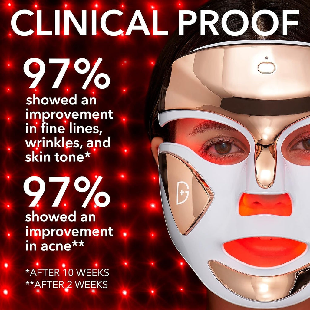 LED face mask on face with glowing red LED effect over cheeks and eyes