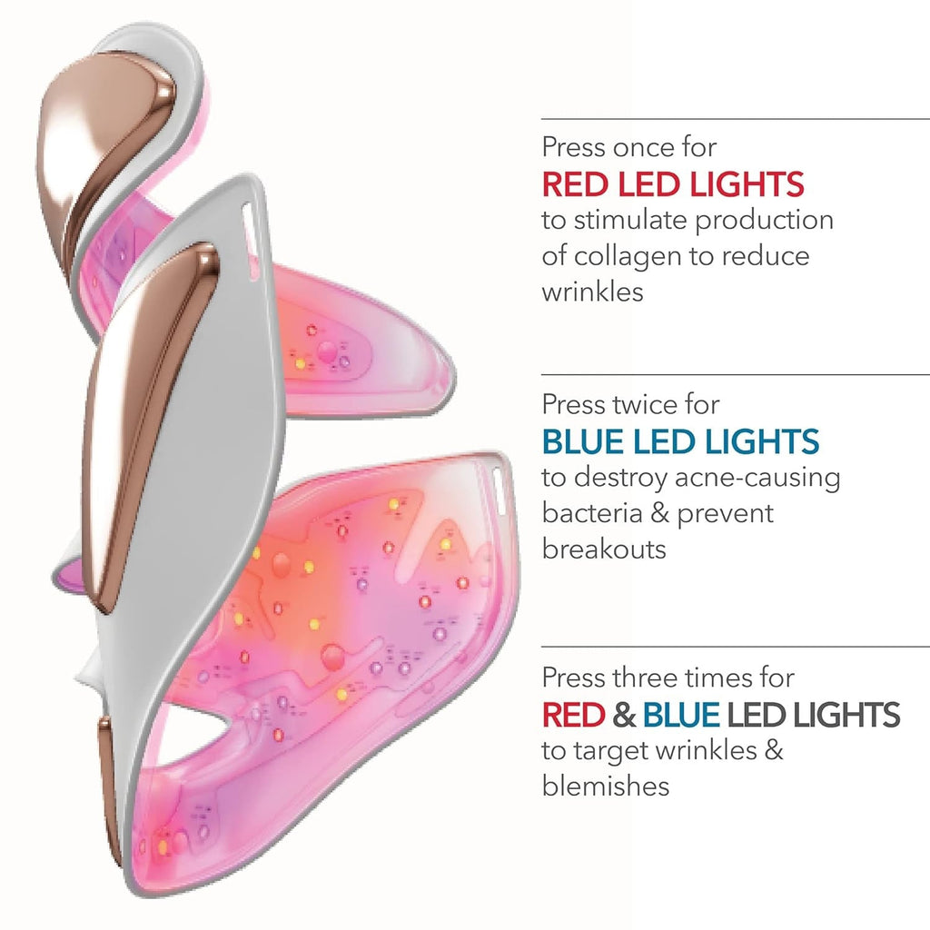 LED face mask device with pink illumination, white and rose-gold accents