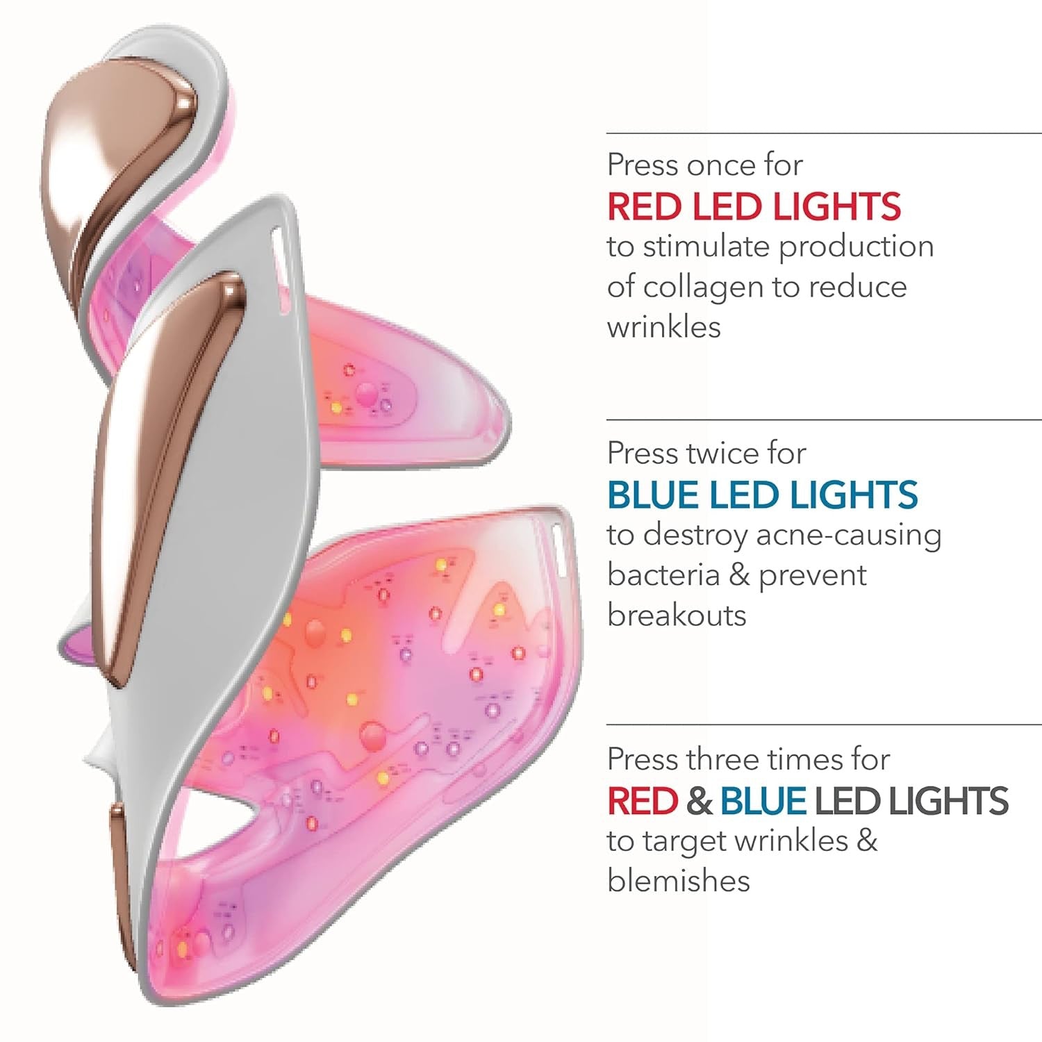 LED face mask device with pink illumination, white and rose-gold accents