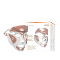 LED face mask with straps, white and rose-gold panels, shown with package