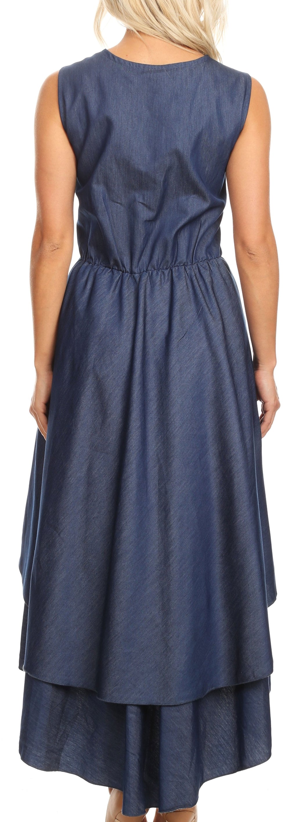 Sakkas Emalia Women's Sleeveless Cocktail High Low Hem Dress with Pockets Chambray