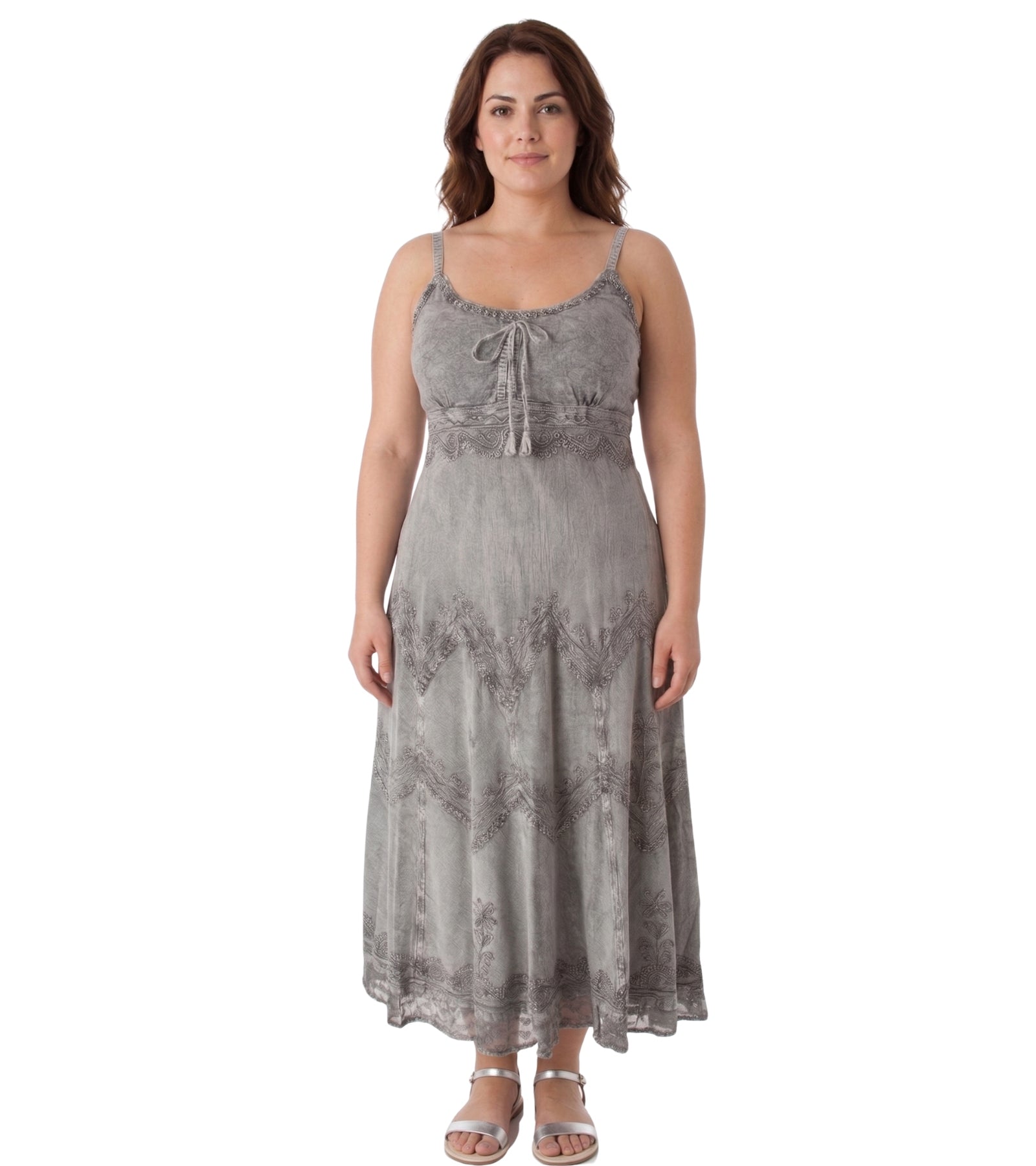 Sakkas Stonewashed Rayon Embroidered Adjustable Spaghetti Straps Long Dress