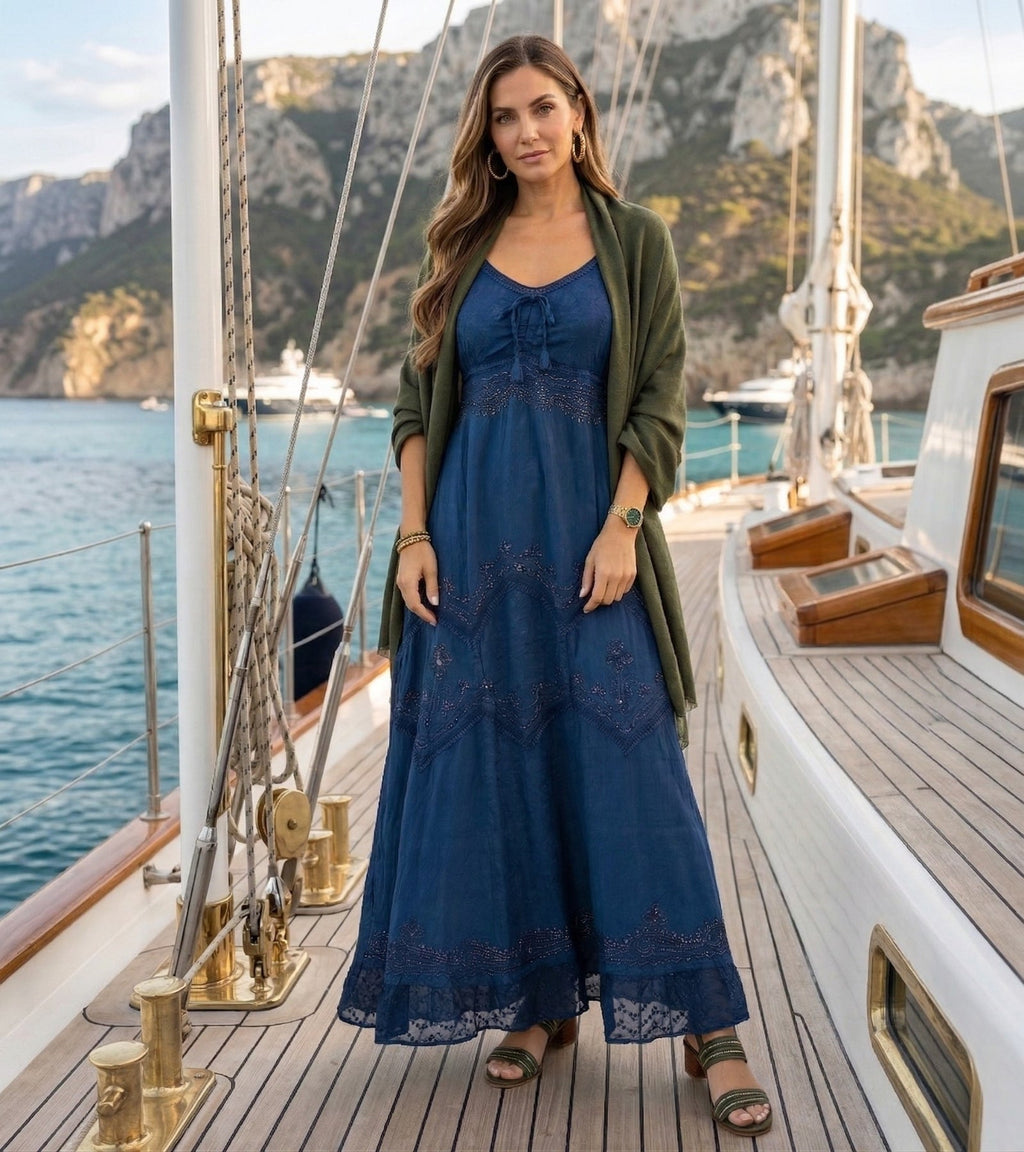 Sakkas Stonewashed Rayon Embroidered Adjustable Spaghetti Straps Long Dress