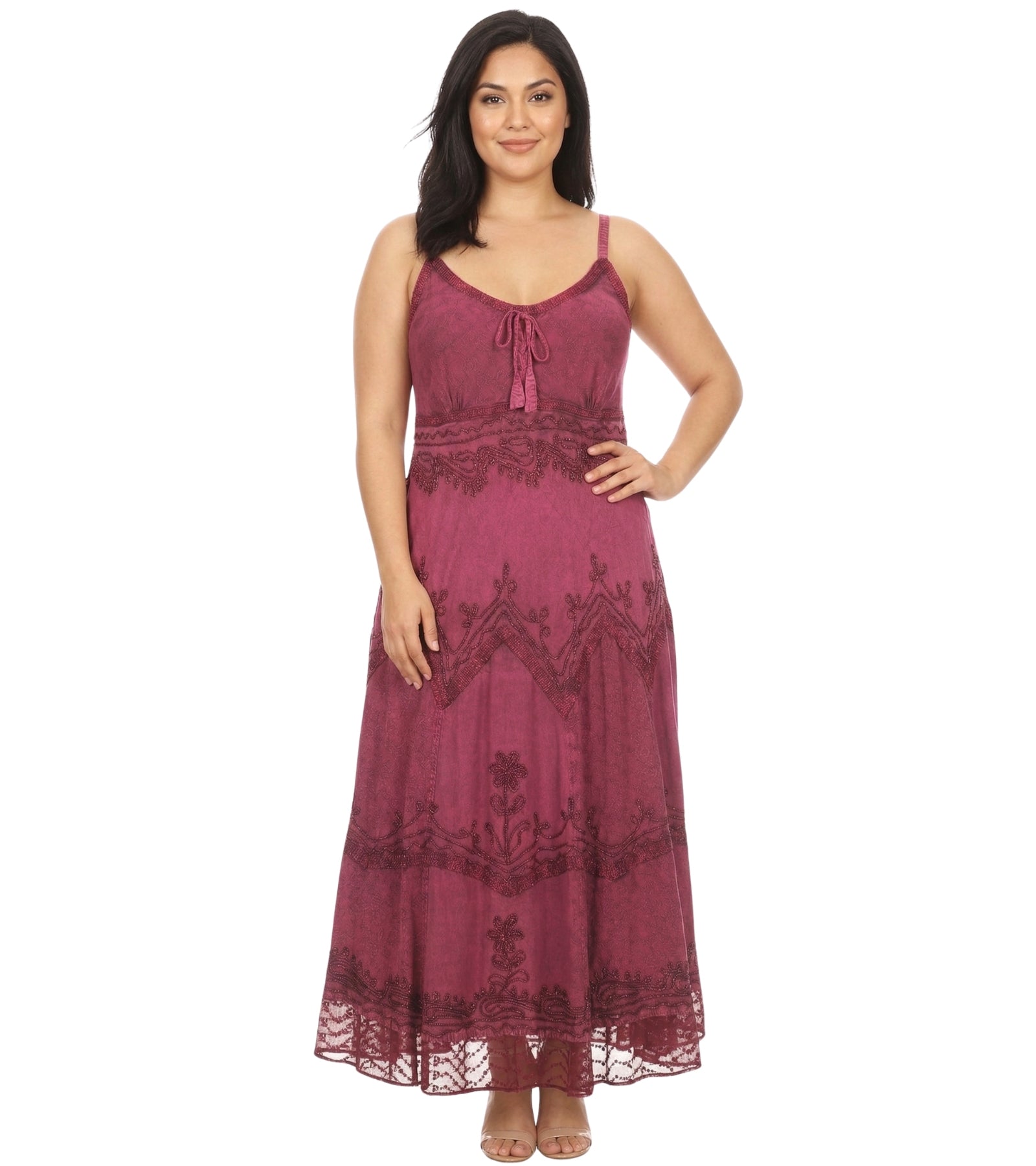 Sakkas Stonewashed Rayon Embroidered Adjustable Spaghetti Straps Long Dress
