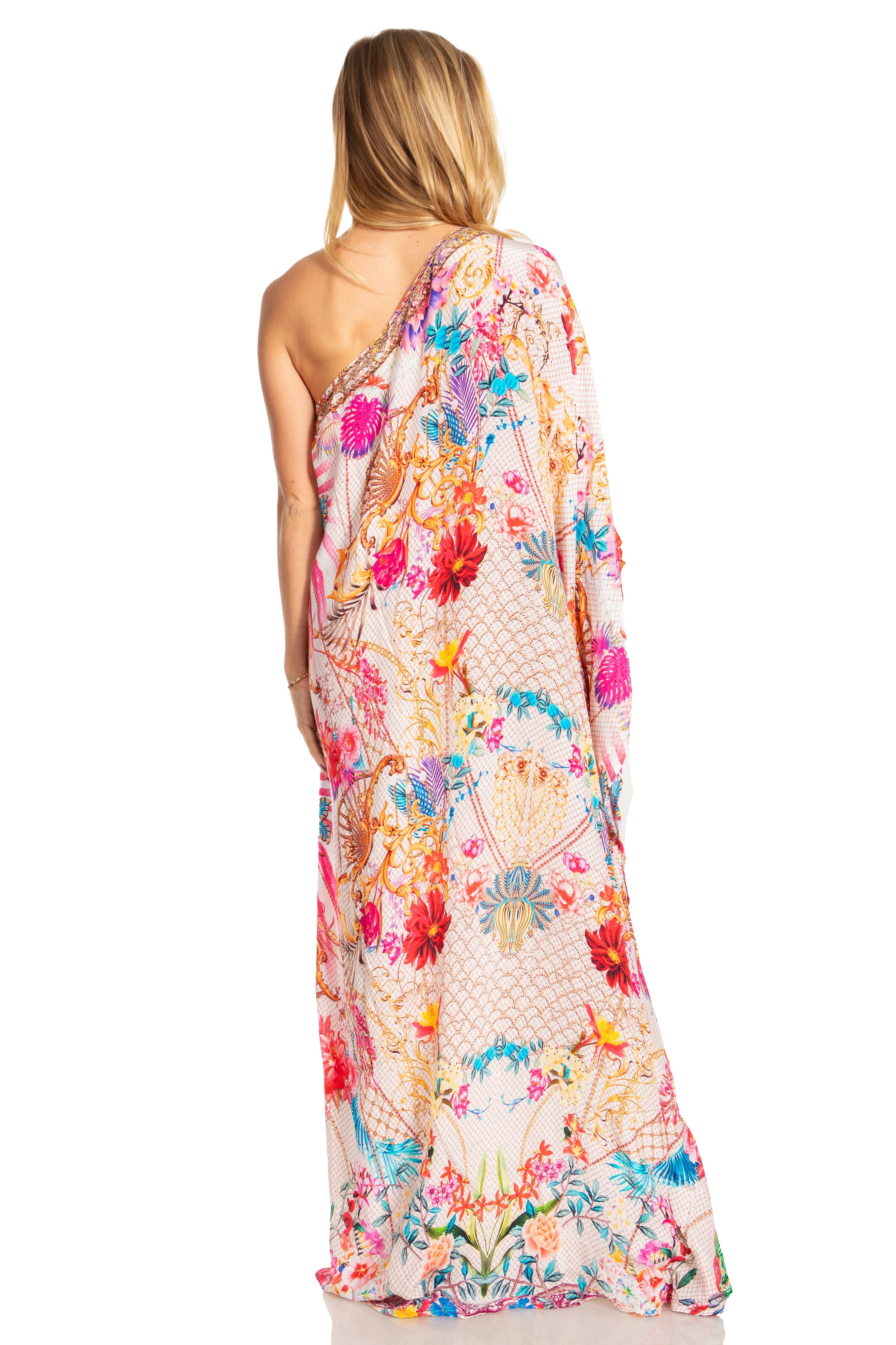 Sakkas Dora Women's One Shoulder Short Sleeve Casual Elegant Maxi Dress with Print