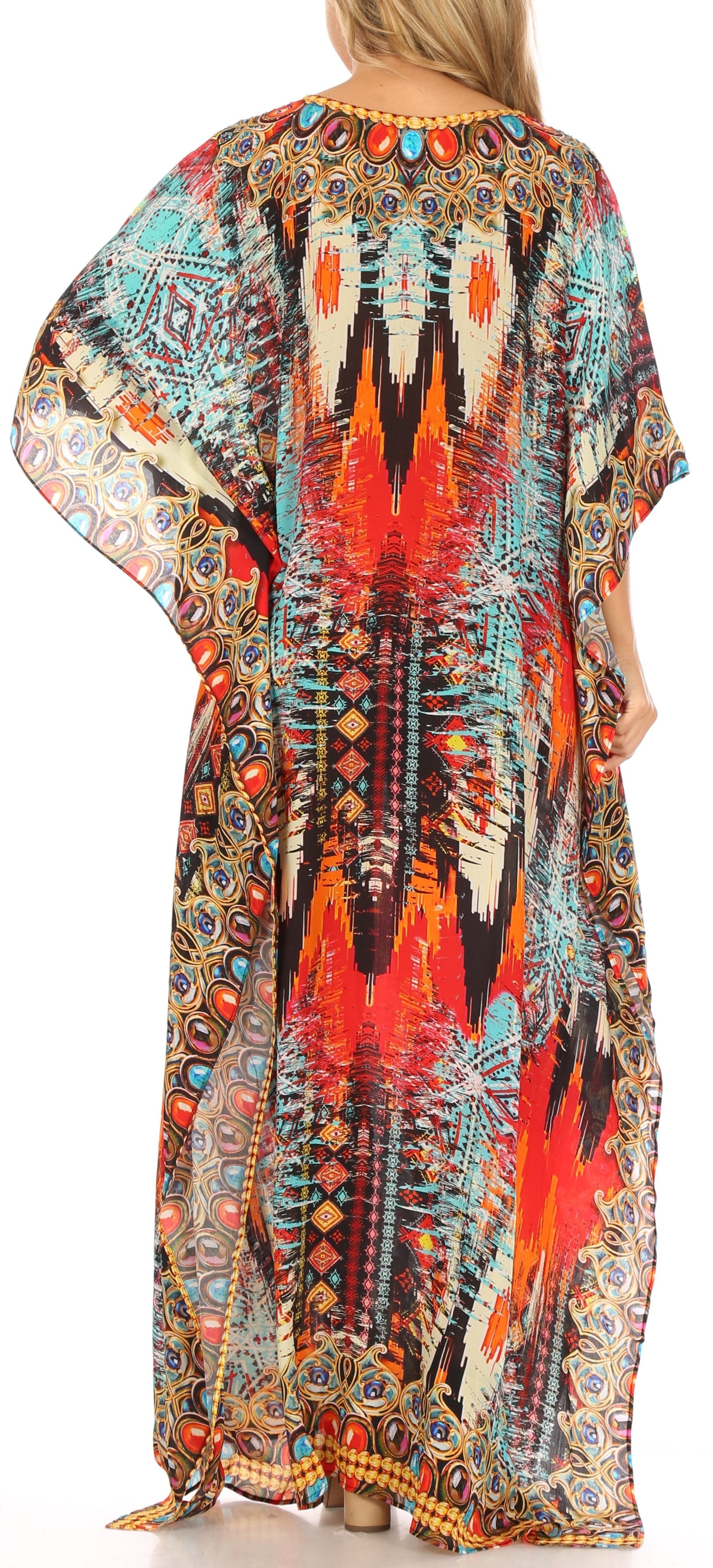 Sakkas Anahi Flowy Design V Neck Long Caftan Dress / Cover Up With Rhinestone