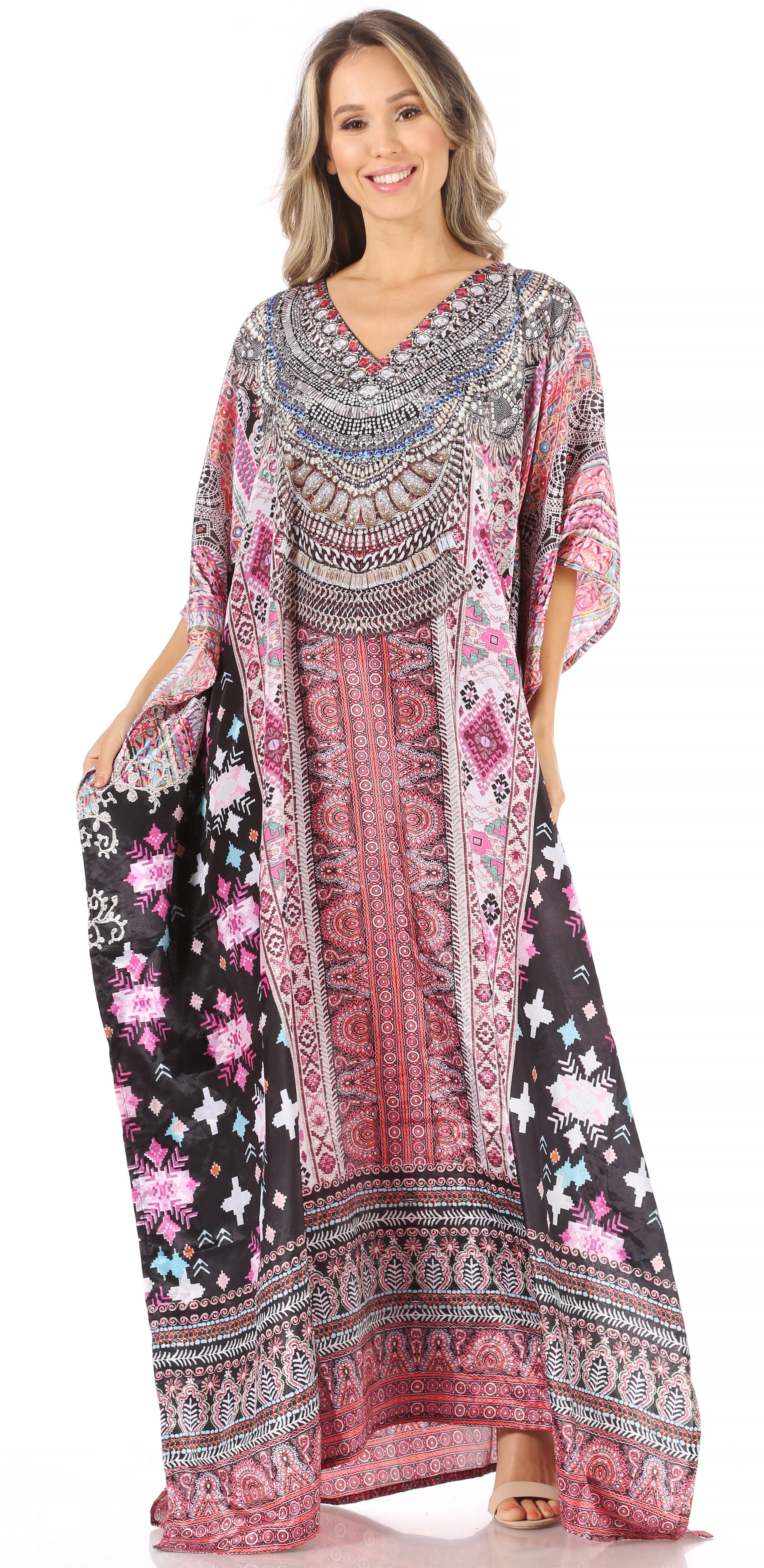 Sakkas Anahi Flowy Design V Neck Long Caftan Dress / Cover Up With Rhinestone