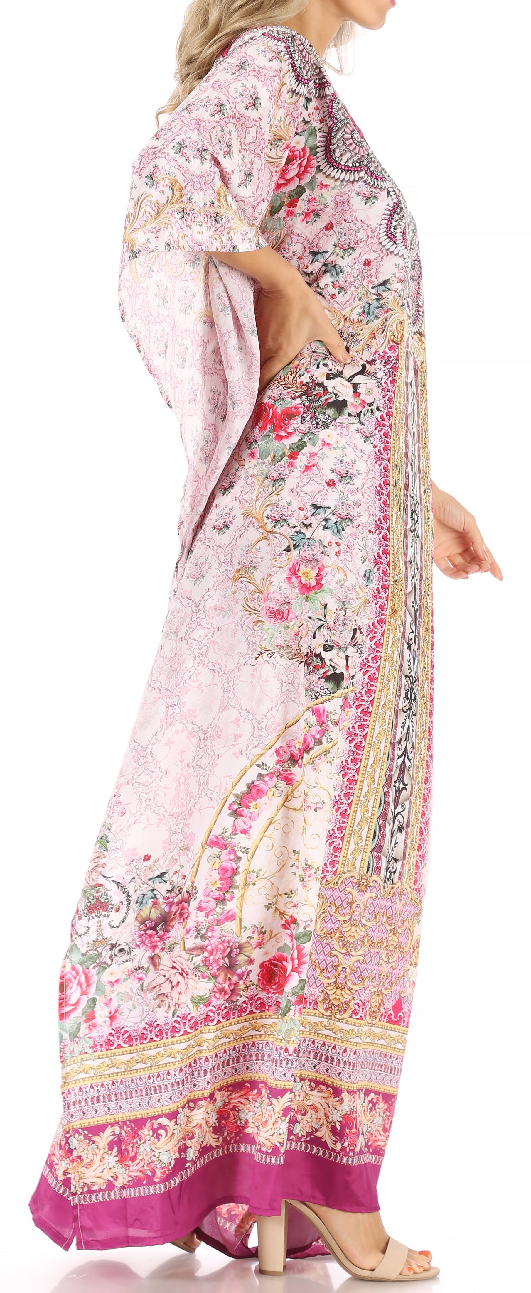 Sakkas Anahi Flowy Design V Neck Long Caftan Dress / Cover Up With Rhinestone