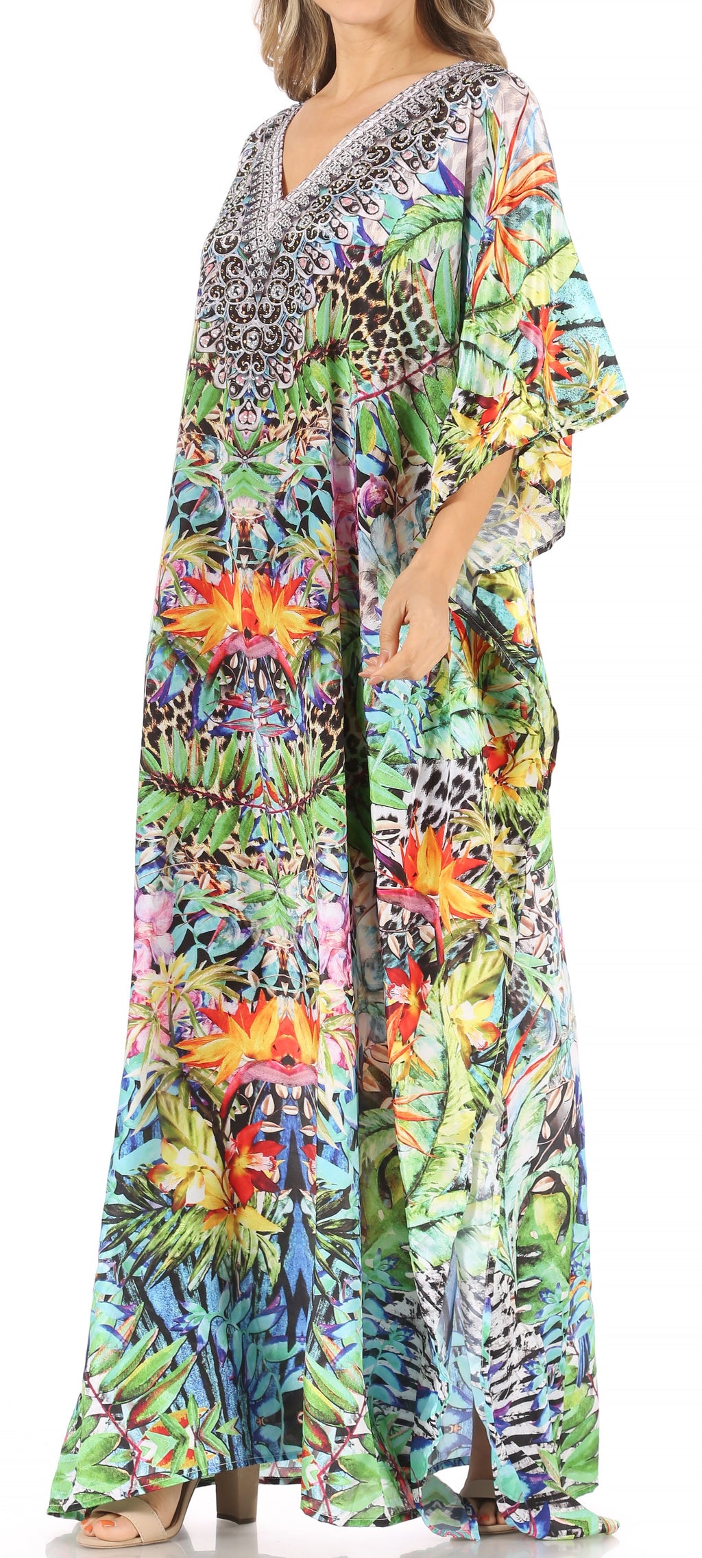Sakkas Anahi Flowy Design V Neck Long Caftan Dress / Cover Up With Rhinestone
