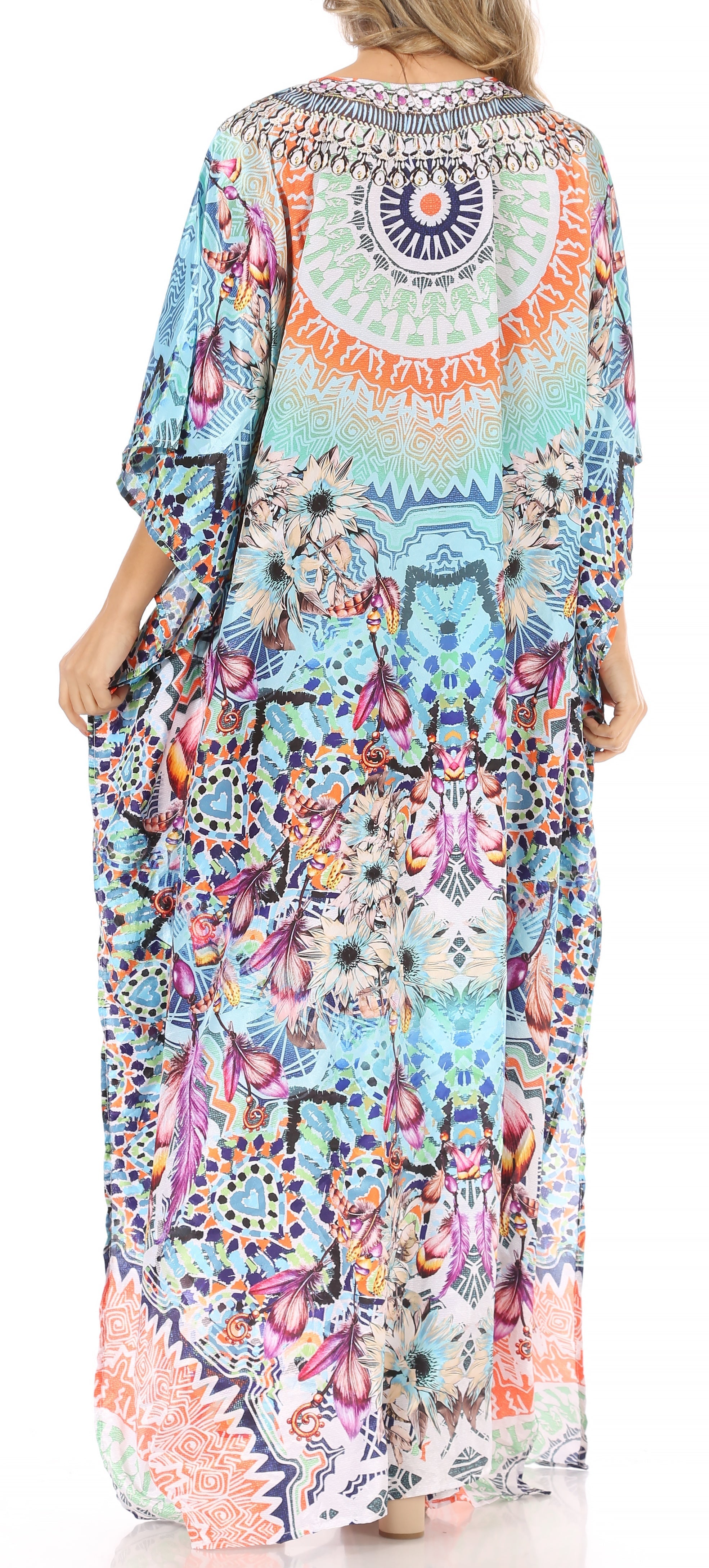 Sakkas Anahi Flowy Design V Neck Long Caftan Dress / Cover Up With Rhinestone