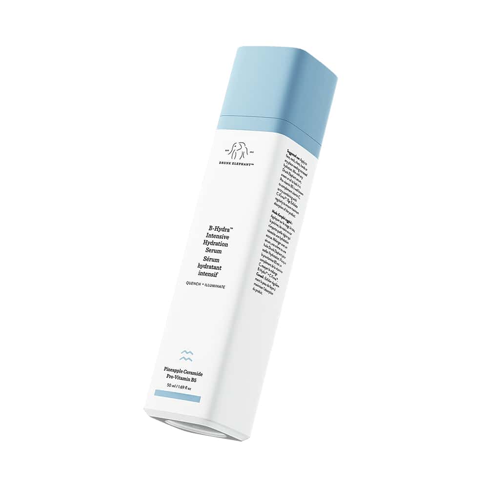 Hydrating face serum bottle with light blue cap and white label