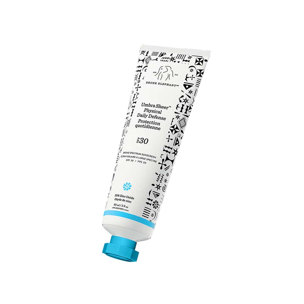 Drunk Elephant Umbra Sheer physical daily defense SPF 30 sunscreen tube, 90 mL