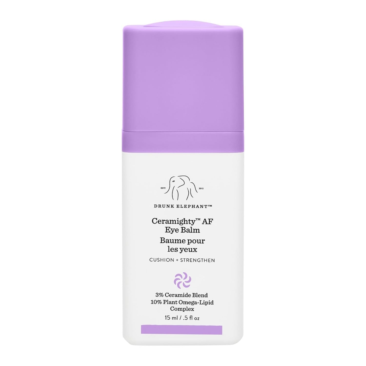 Drunk Elephant Ceramighty AF eye balm bottle with lavender cap and white label.