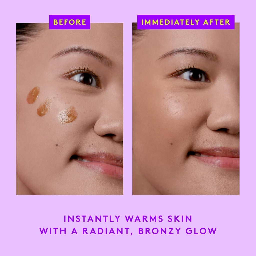 Two portrait panels showing bronzy skin glow after application of sunshine drops