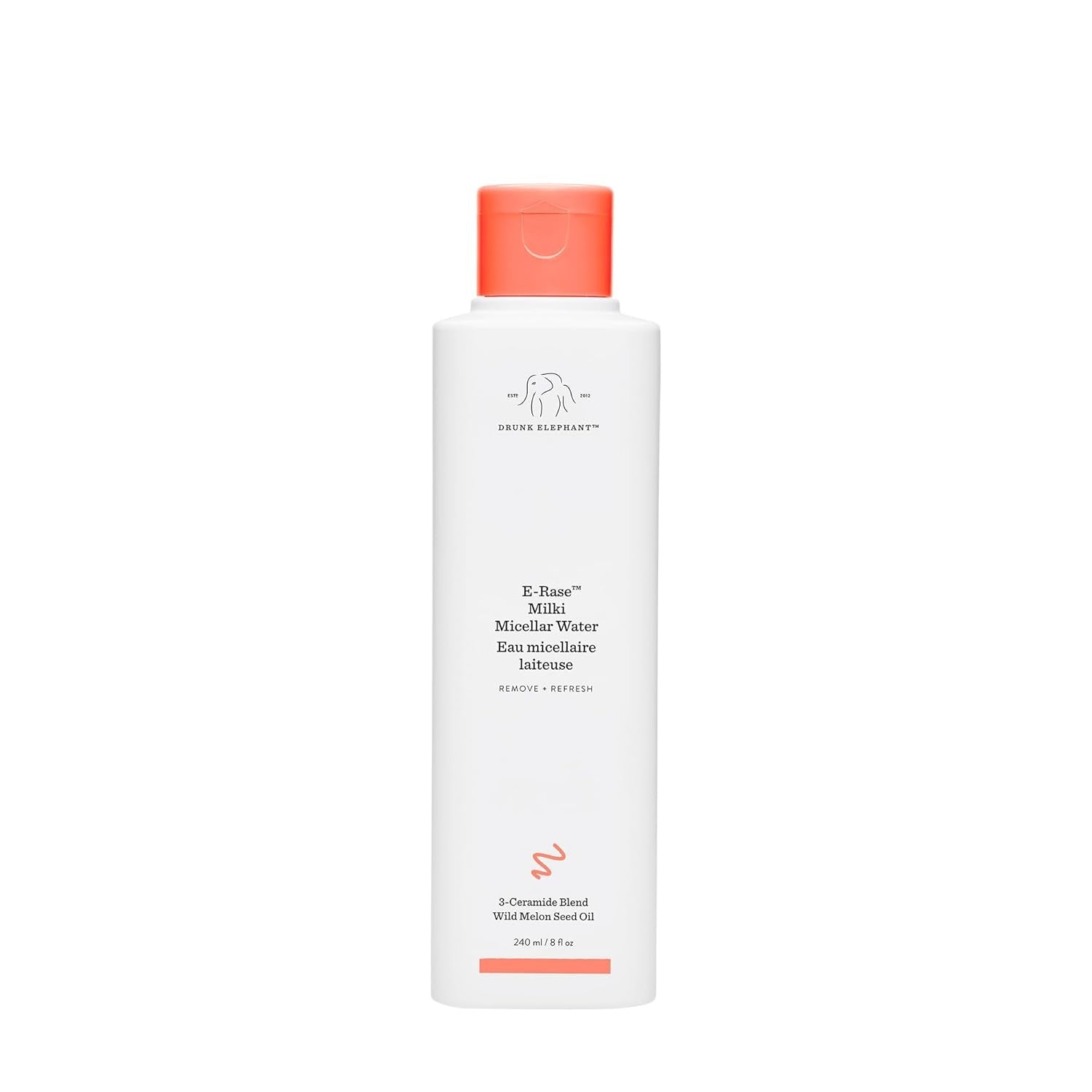 Drunk Elephant E-Raset micellar water bottle, 240 mL with orange cap