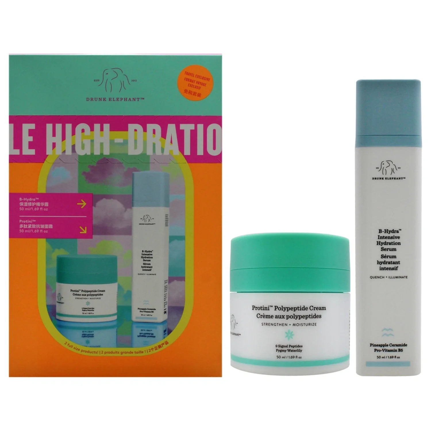 Skincare set with green moisturizer jar and blue-capped serum bottle