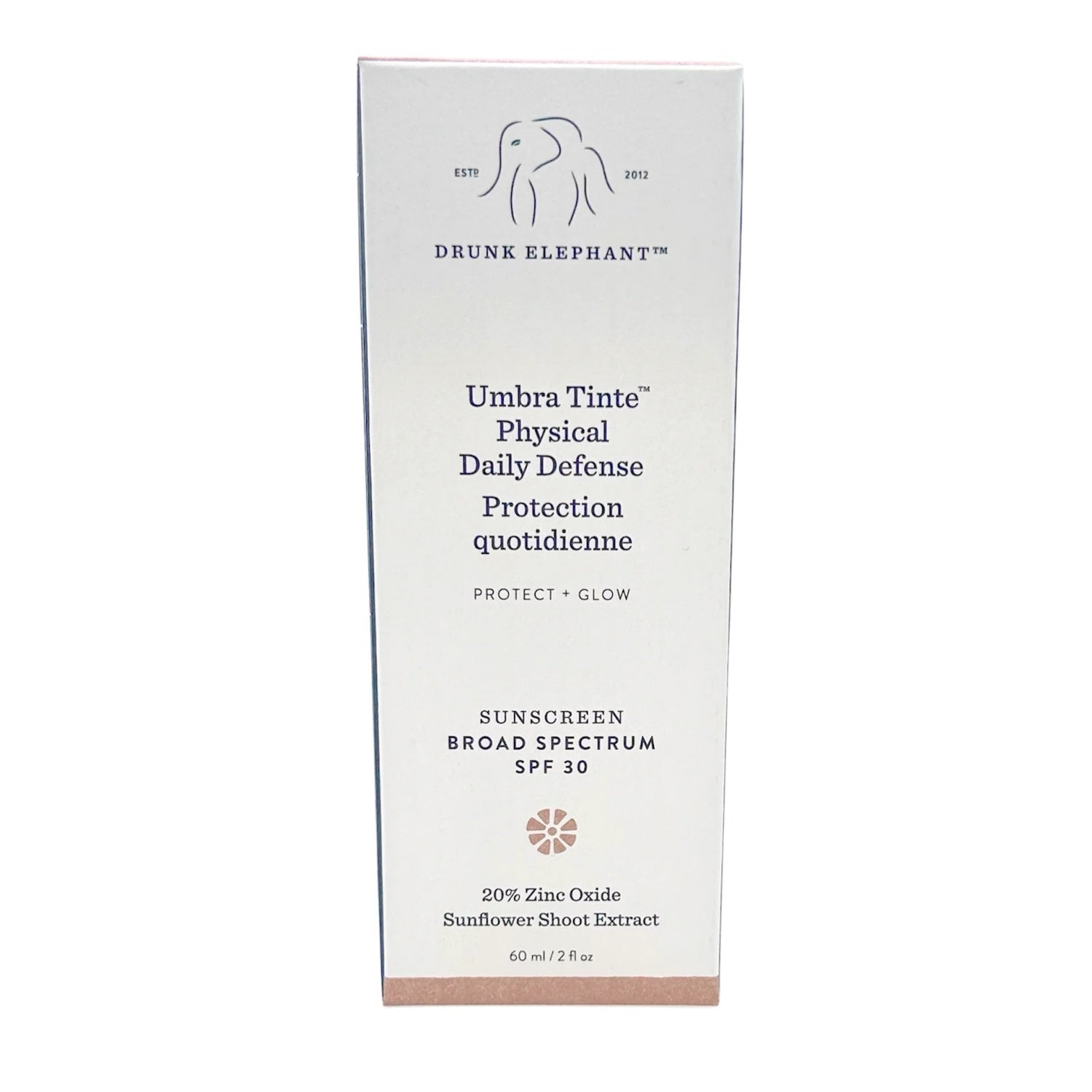 Drunk Elephant Umbra Tinte sunscreen box, SPF 30 physical daily defense, 60 mL