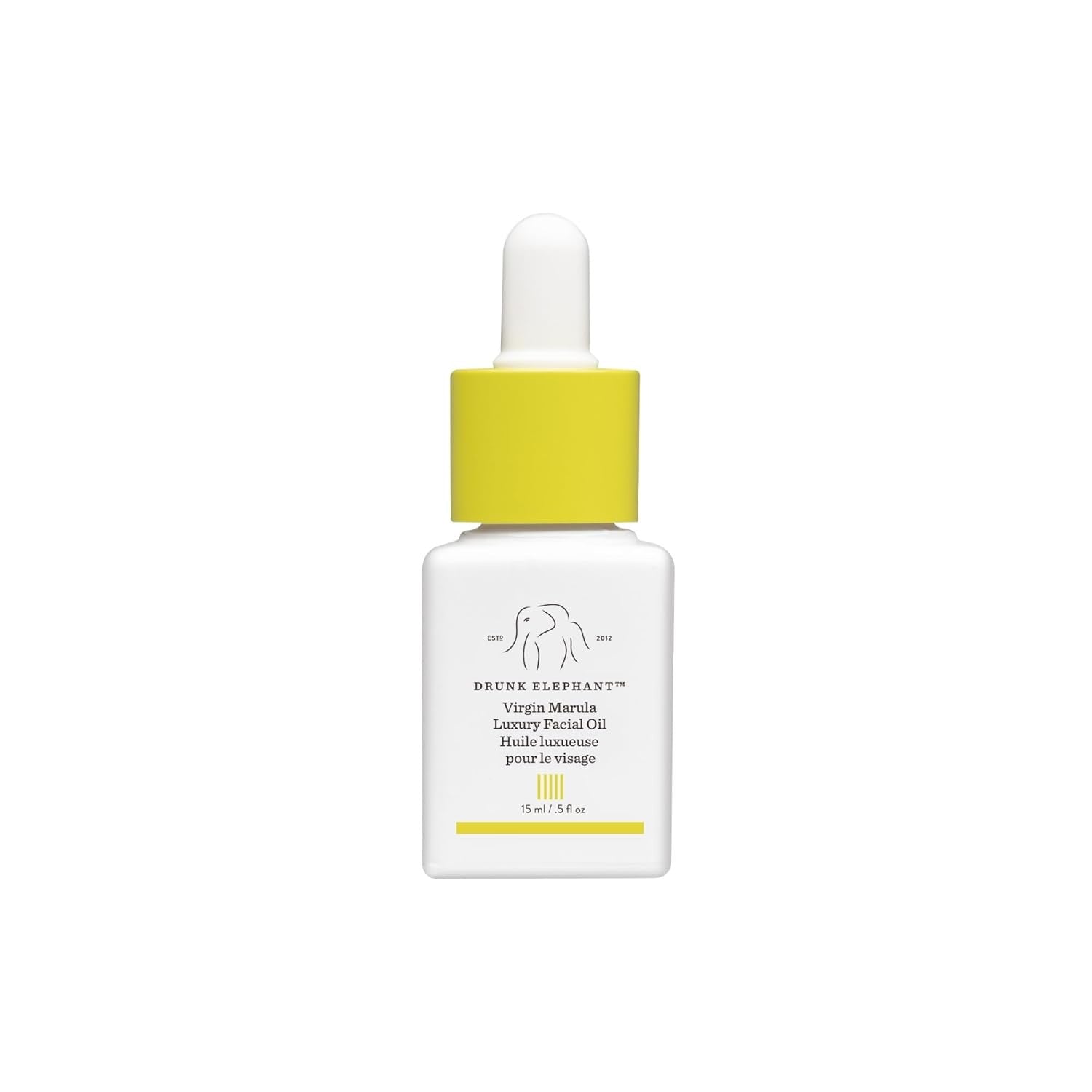Drunk Elephant Virgin Marula facial oil dropper bottle, yellow cap and label