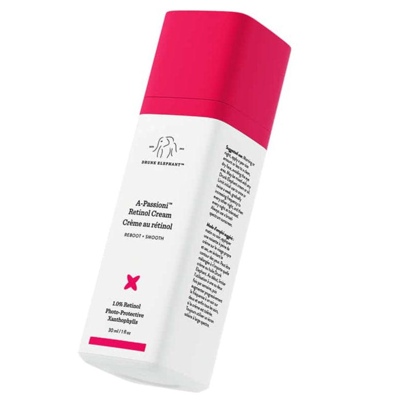 Drunk Elephant retinol cream bottle, red cap, white label, 30 mL