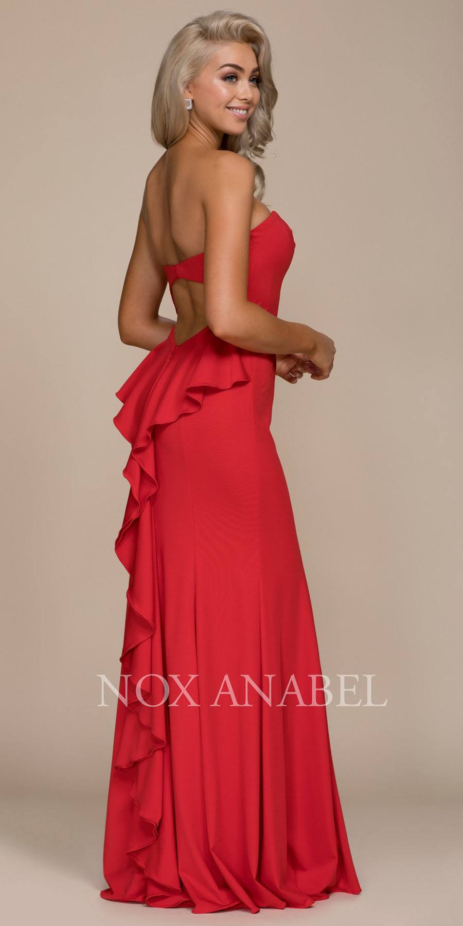 Red strapless long dress with cut-out back and layered ruffle bustle