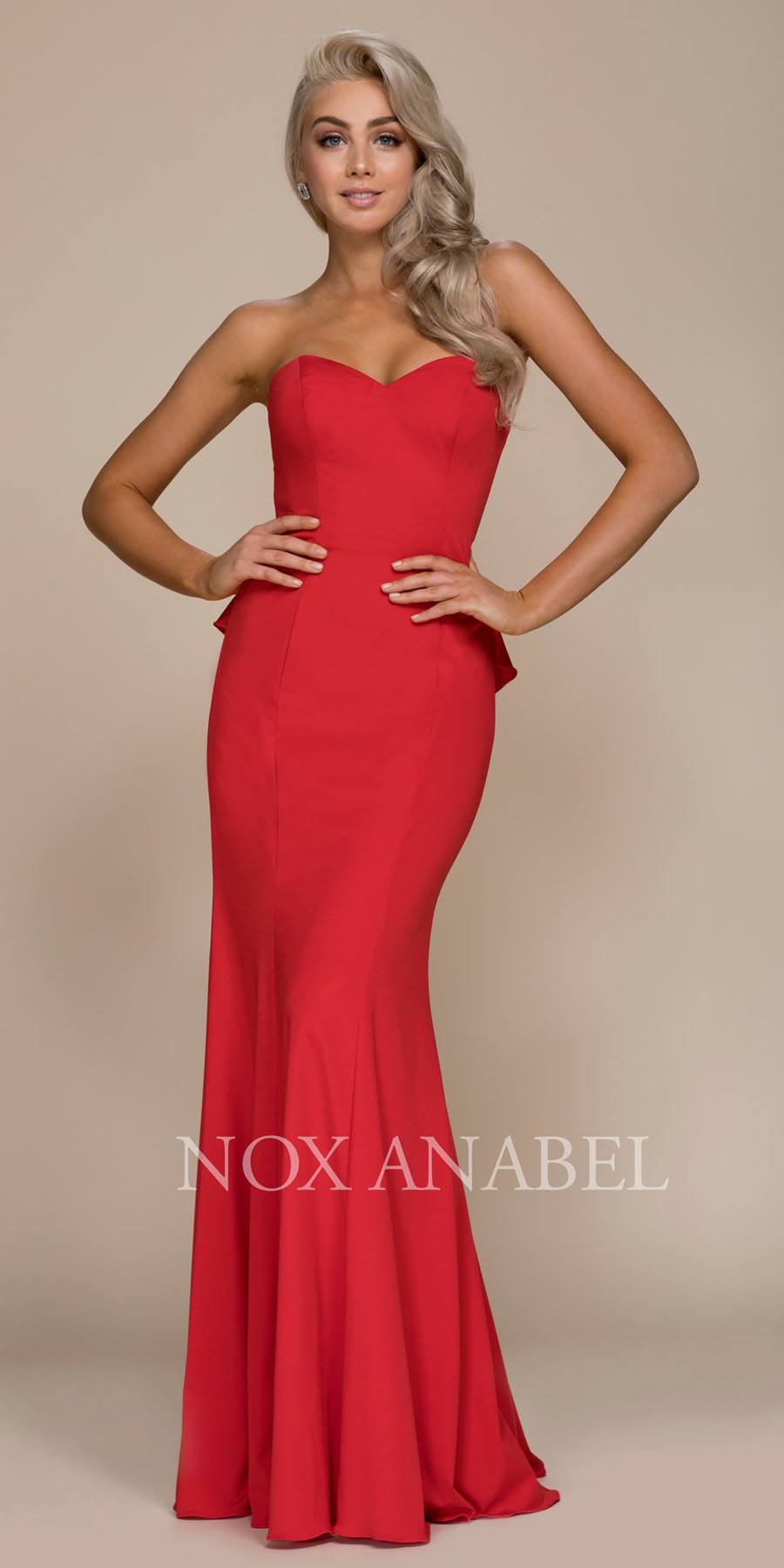 Red strapless long mermaid dress with ruffled bustle