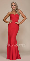 Red strapless long mermaid dress with ruffled bustle