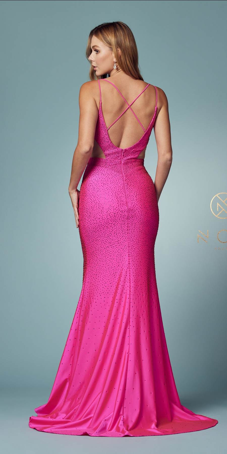 Fuchsia beaded mermaid gown with plunging front and open crisscross back